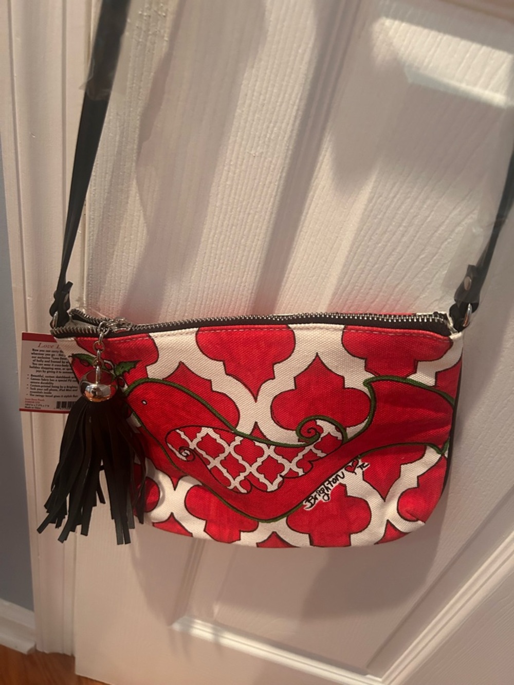 Brighton Red and White Crossbody with Dove Motif and Tassel